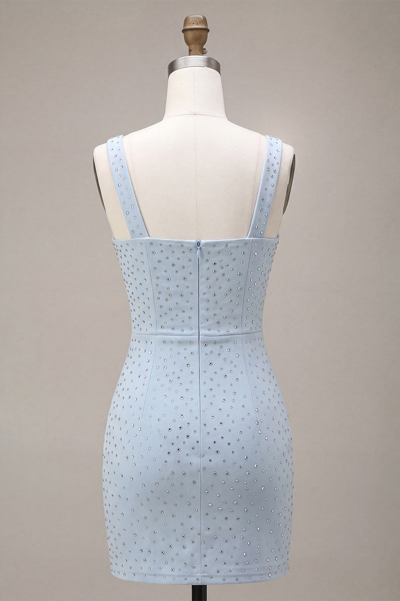 Laden Sie das Bild in den Galerie-Viewer, Himmelblaues Quadrathals-Bodycon-Homecoming-Kleid mit Perlen