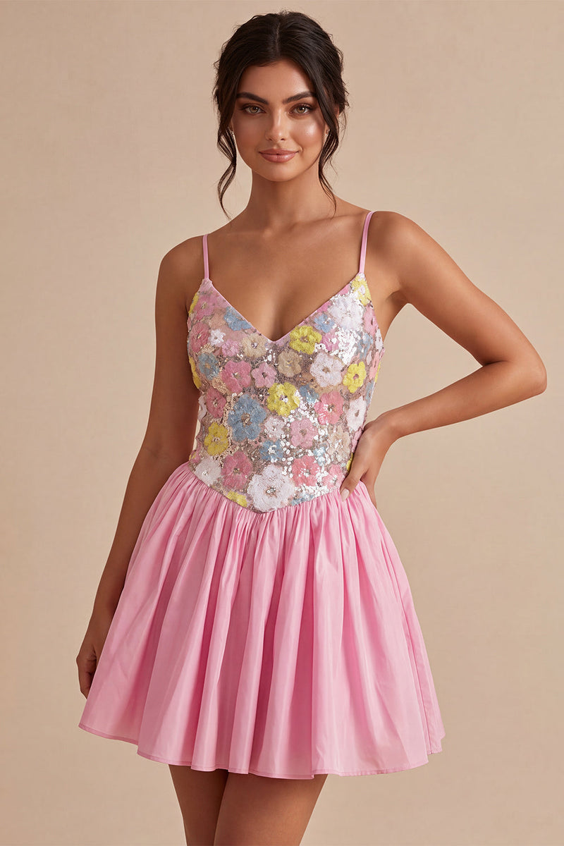 Laden Sie das Bild in den Galerie-Viewer, A-Linie pinkes Blumen-Spaghettiträger-Homecoming-Kleid mit Pailletten