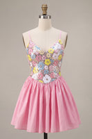 Laden Sie das Bild in den Galerie-Viewer, A-Linie pinkes Blumen-Spaghettiträger-Homecoming-Kleid mit Pailletten