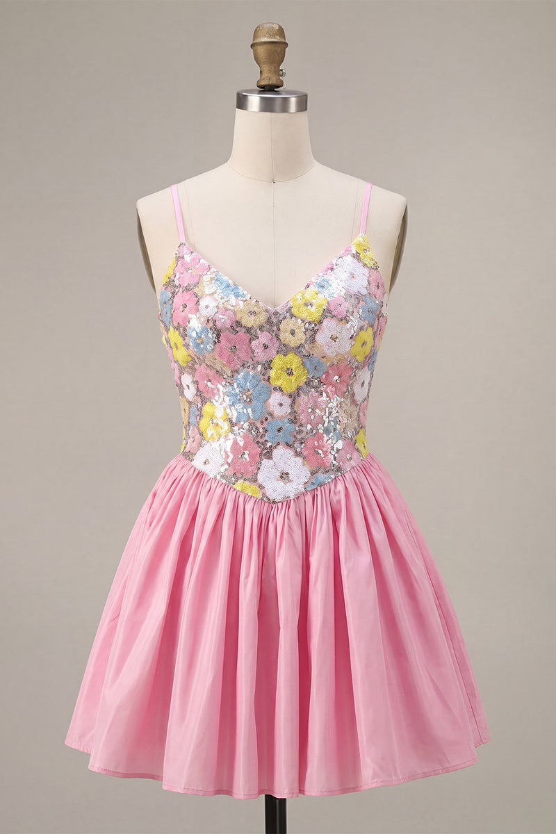 Laden Sie das Bild in den Galerie-Viewer, A-Linie pinkes Blumen-Spaghettiträger-Homecoming-Kleid mit Pailletten