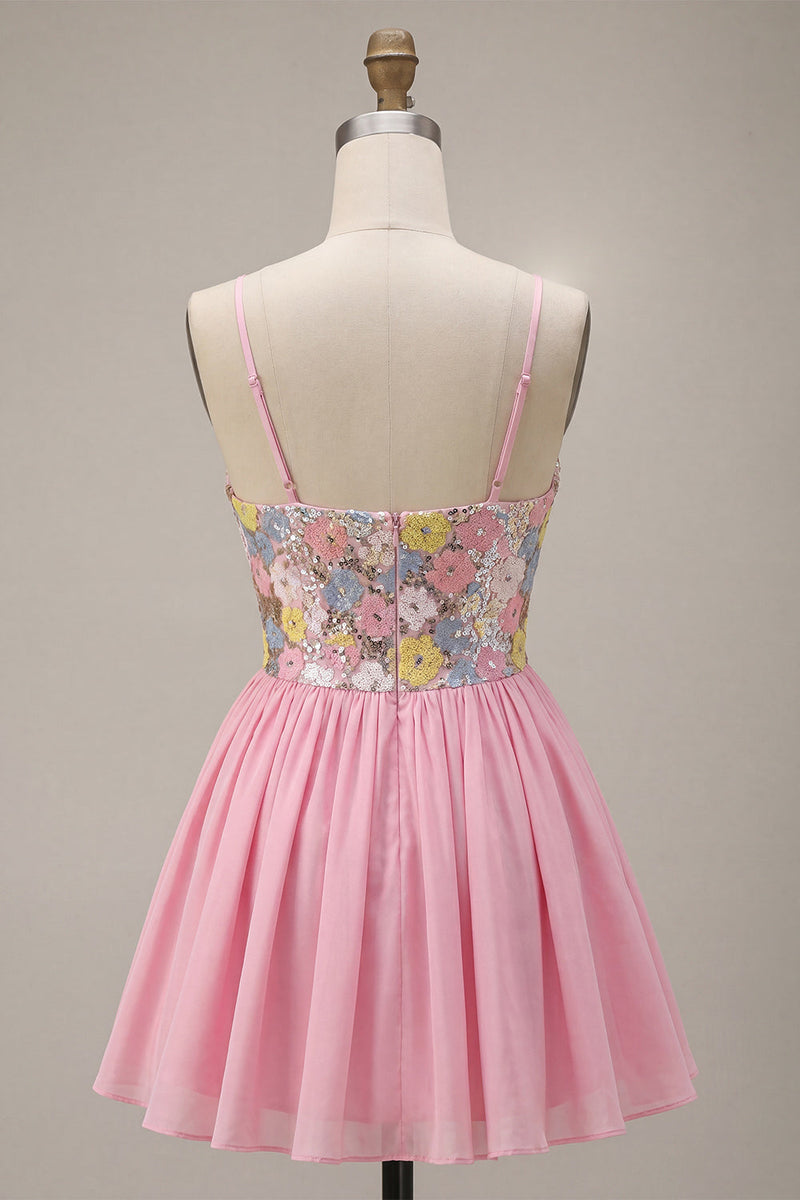 Laden Sie das Bild in den Galerie-Viewer, A-Linie pinkes Blumen-Spaghettiträger-Homecoming-Kleid mit Pailletten