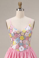 Laden Sie das Bild in den Galerie-Viewer, A-Linie pinkes Blumen-Spaghettiträger-Homecoming-Kleid mit Pailletten