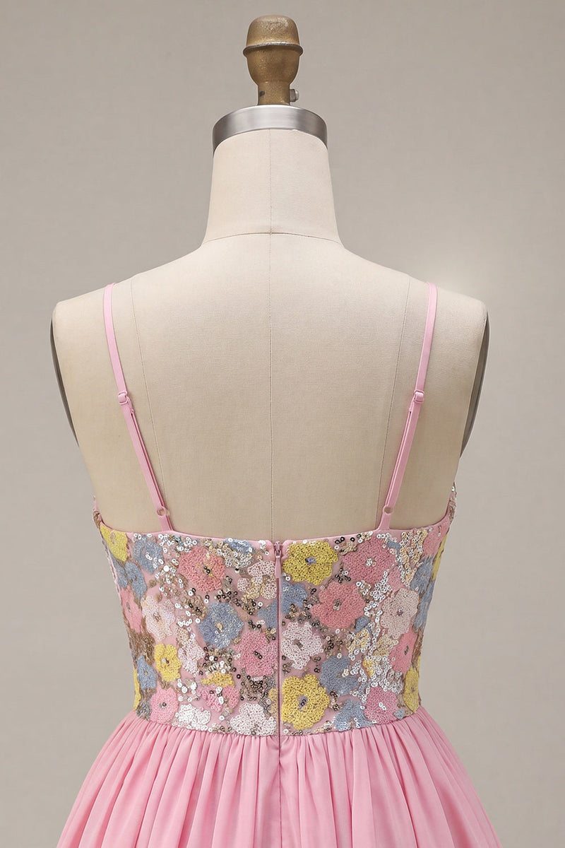 Laden Sie das Bild in den Galerie-Viewer, A-Linie pinkes Blumen-Spaghettiträger-Homecoming-Kleid mit Pailletten