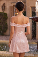 Laden Sie das Bild in den Galerie-Viewer, Glitzerndes pinkes A-Line-Off-the-shoulder-Pailletten-Homecoming-Kleid
