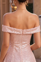 Laden Sie das Bild in den Galerie-Viewer, Glitzerndes pinkes A-Line-Off-the-shoulder-Pailletten-Homecoming-Kleid