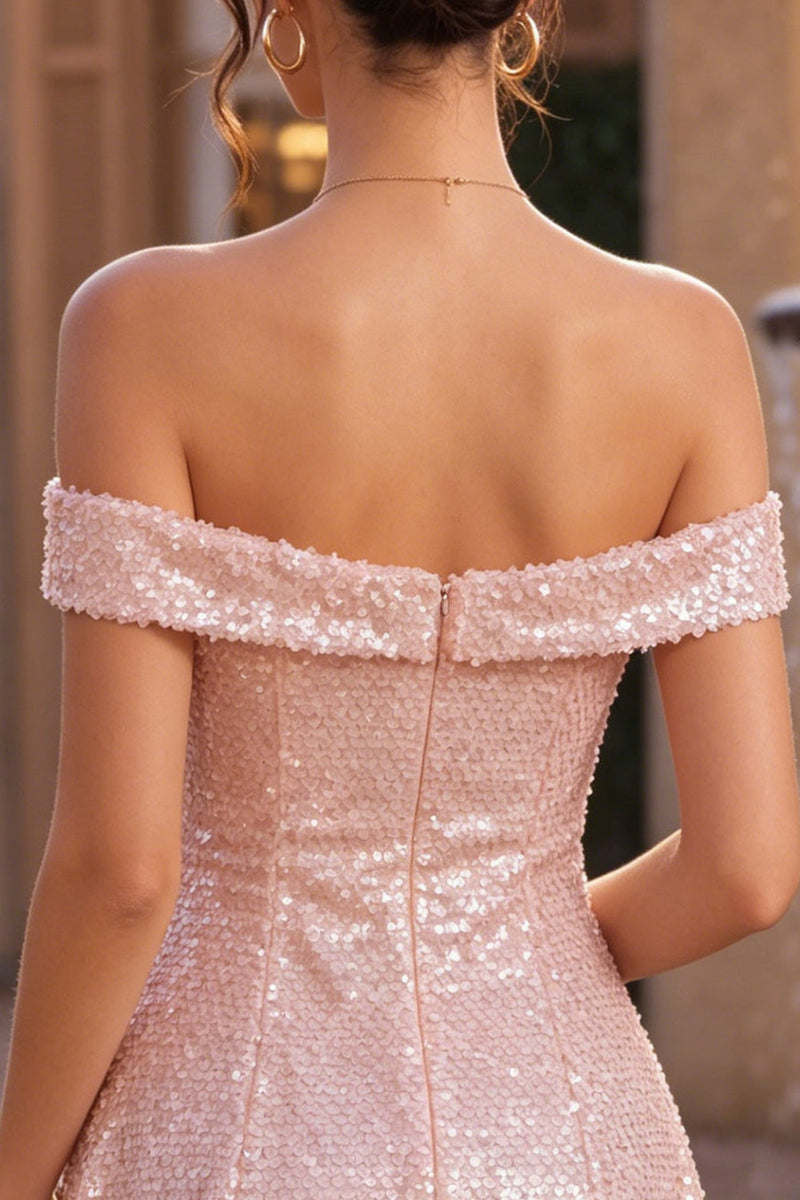 Laden Sie das Bild in den Galerie-Viewer, Glitzerndes pinkes A-Line-Off-the-shoulder-Pailletten-Homecoming-Kleid