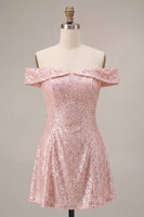 Laden Sie das Bild in den Galerie-Viewer, Glitzerndes pinkes A-Line-Off-the-shoulder-Pailletten-Homecoming-Kleid