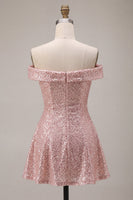 Laden Sie das Bild in den Galerie-Viewer, Glitzerndes pinkes A-Line-Off-the-shoulder-Pailletten-Homecoming-Kleid