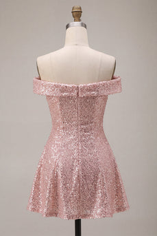 Glitzerndes Rosa A-Linie Off-the-shoulder Pailletten Kurzes Abendkleid