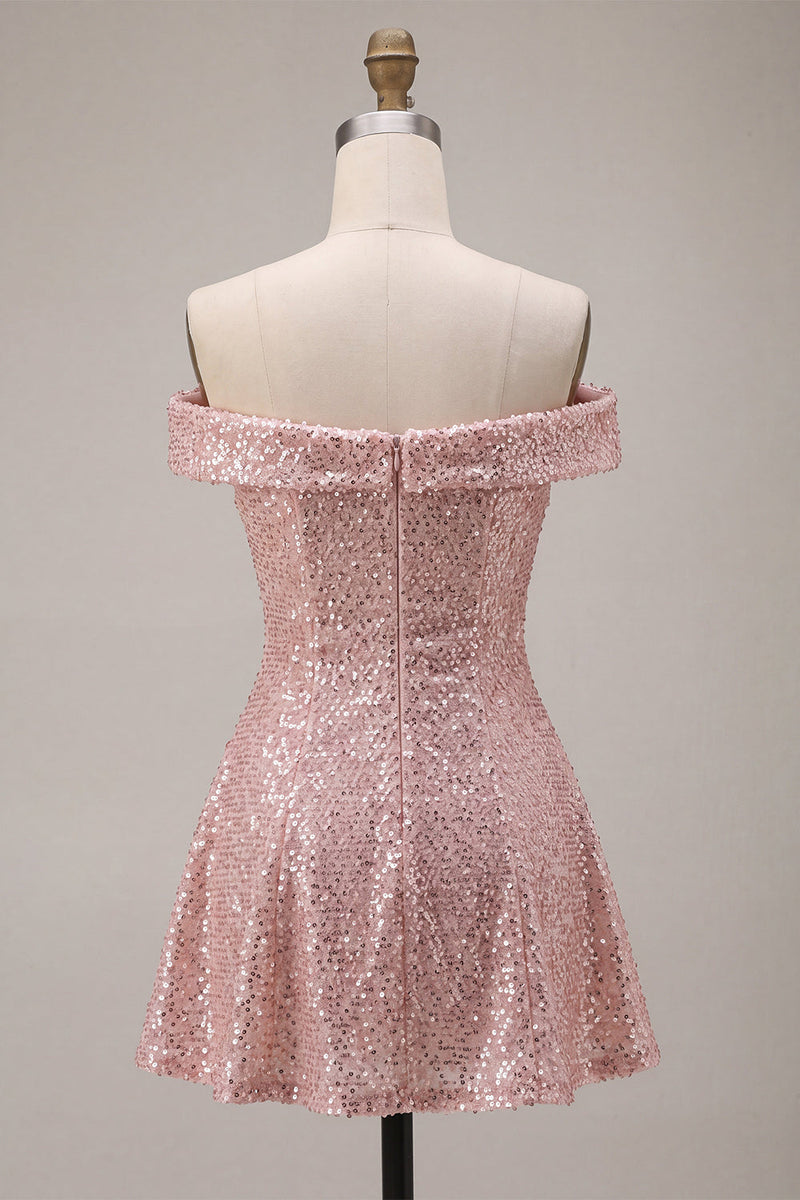 Laden Sie das Bild in den Galerie-Viewer, Glitzerndes pinkes A-Line-Off-the-shoulder-Pailletten-Homecoming-Kleid