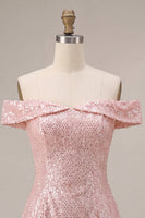 Laden Sie das Bild in den Galerie-Viewer, Glitzerndes pinkes A-Line-Off-the-shoulder-Pailletten-Homecoming-Kleid