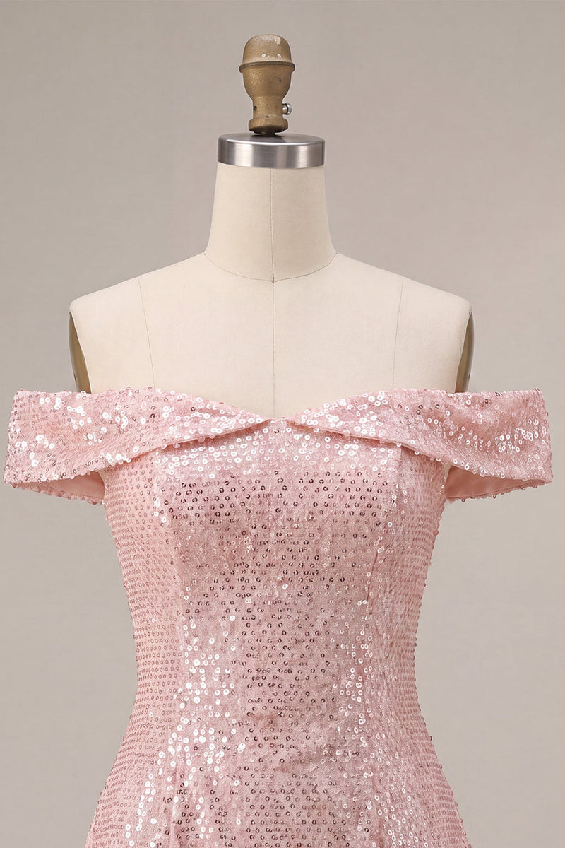 Laden Sie das Bild in den Galerie-Viewer, Glitzerndes pinkes A-Line-Off-the-shoulder-Pailletten-Homecoming-Kleid