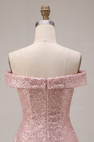 Laden Sie das Bild in den Galerie-Viewer, Glitzerndes pinkes A-Line-Off-the-shoulder-Pailletten-Homecoming-Kleid