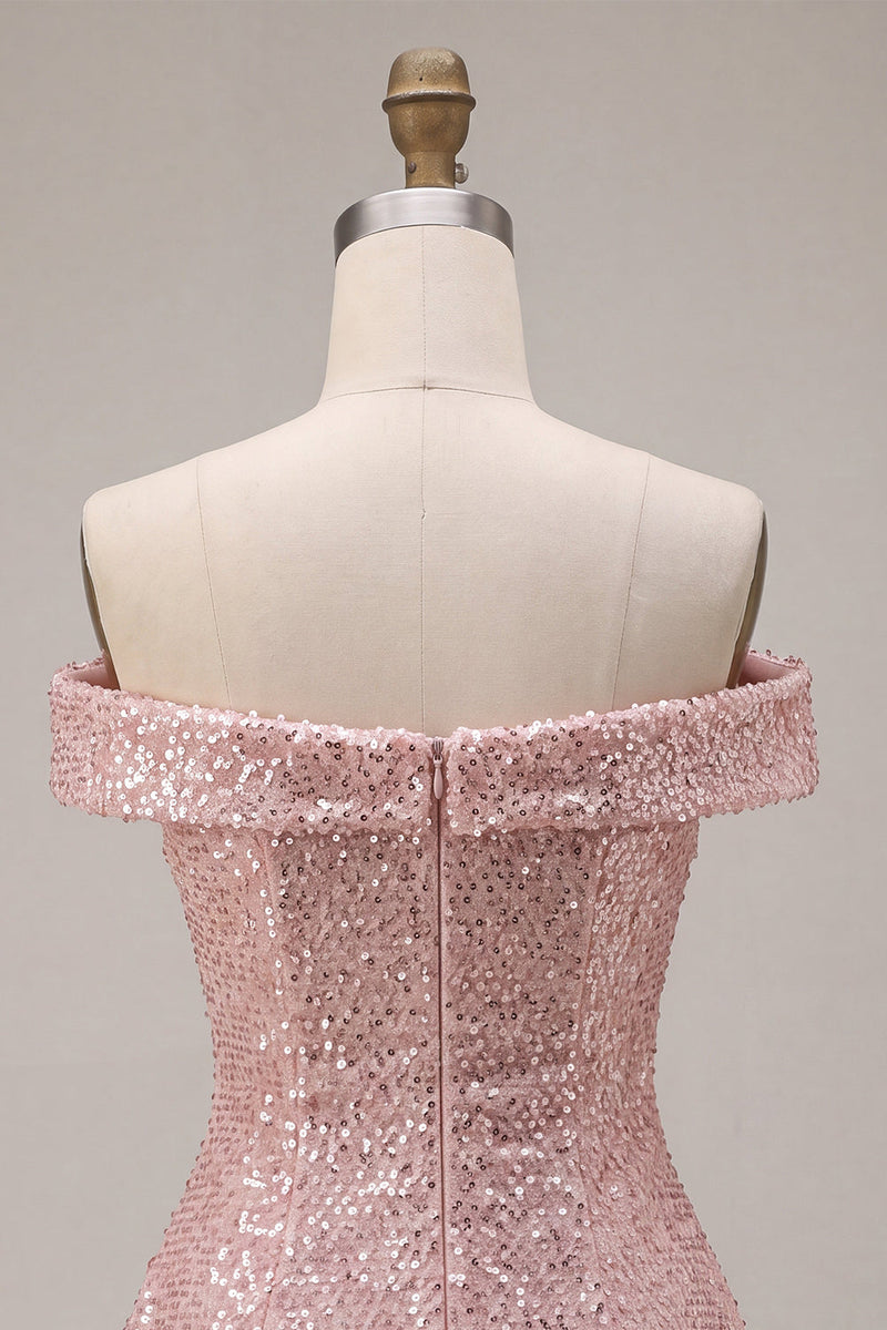 Laden Sie das Bild in den Galerie-Viewer, Glitzerndes pinkes A-Line-Off-the-shoulder-Pailletten-Homecoming-Kleid