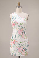 Laden Sie das Bild in den Galerie-Viewer, Glitzerndes weißes Pink-Blumen-Bodycon-Pailletten-Homecoming-Kleid