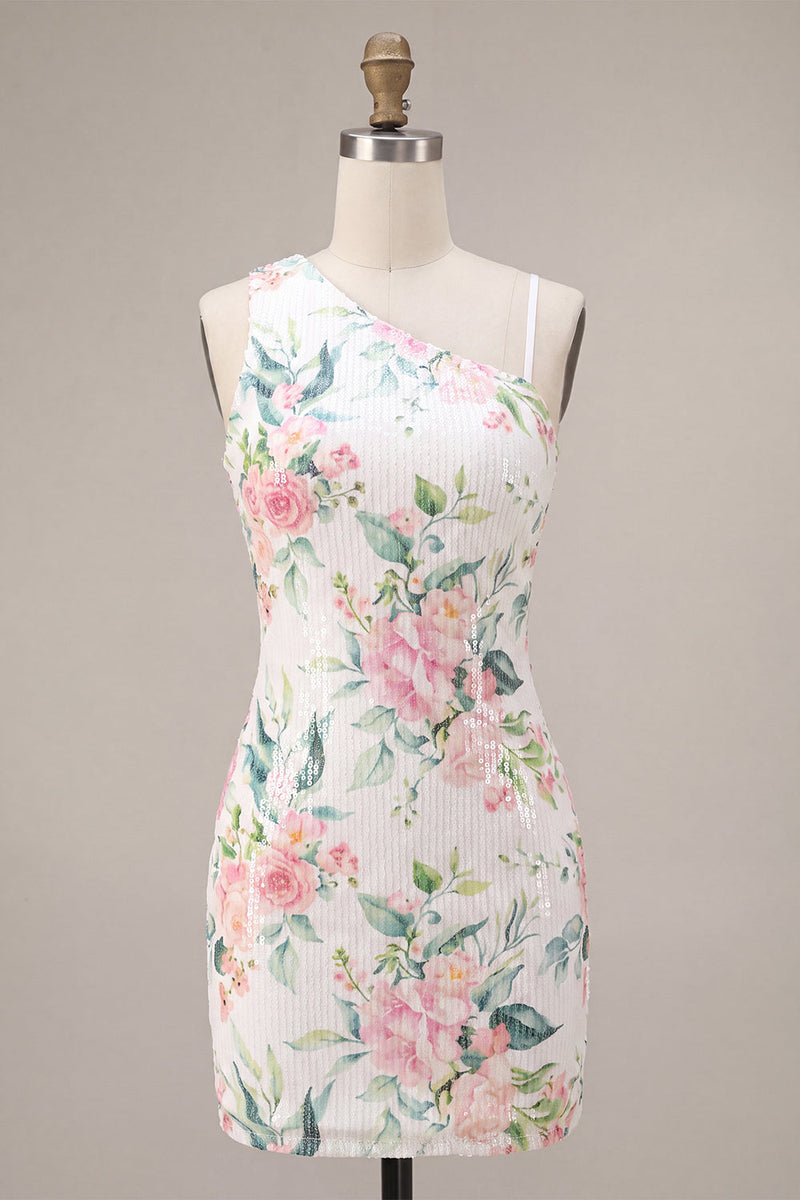 Laden Sie das Bild in den Galerie-Viewer, Glitzerndes weißes Pink-Blumen-Bodycon-Pailletten-Homecoming-Kleid