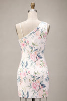 Laden Sie das Bild in den Galerie-Viewer, Glitzerndes weißes Pink-Blumen-Bodycon-Pailletten-Homecoming-Kleid