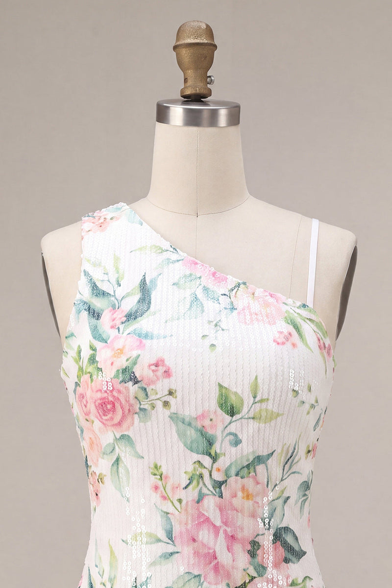 Laden Sie das Bild in den Galerie-Viewer, Glitzerndes weißes Pink-Blumen-Bodycon-Pailletten-Homecoming-Kleid