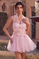 Laden Sie das Bild in den Galerie-Viewer, Rosa A-Linie Tüll-Korsett-Homecoming-Kleid mit 3D-Blumen