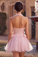 Laden Sie das Bild in den Galerie-Viewer, Rosa A-Linie Tüll-Korsett-Homecoming-Kleid mit 3D-Blumen