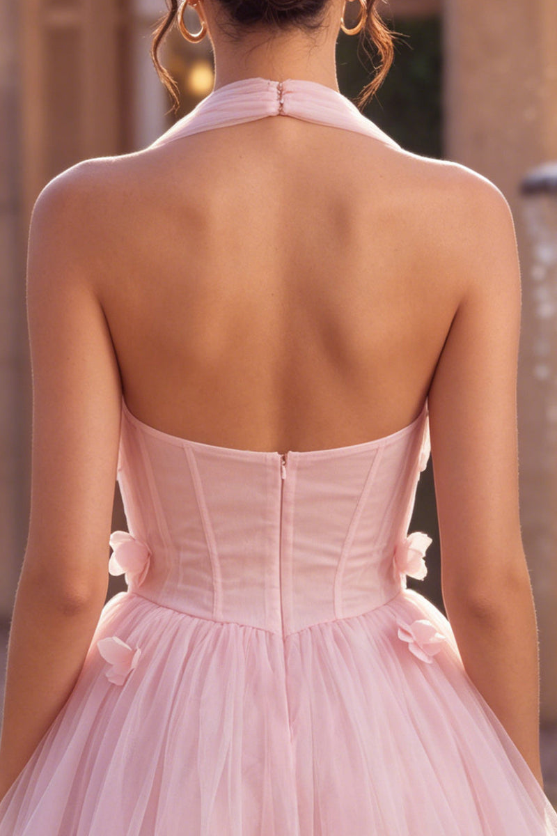 Laden Sie das Bild in den Galerie-Viewer, Rosa A-Linie Tüll-Korsett-Homecoming-Kleid mit 3D-Blumen