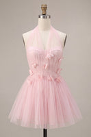 Laden Sie das Bild in den Galerie-Viewer, Rosa A-Linie Tüll-Korsett-Homecoming-Kleid mit 3D-Blumen
