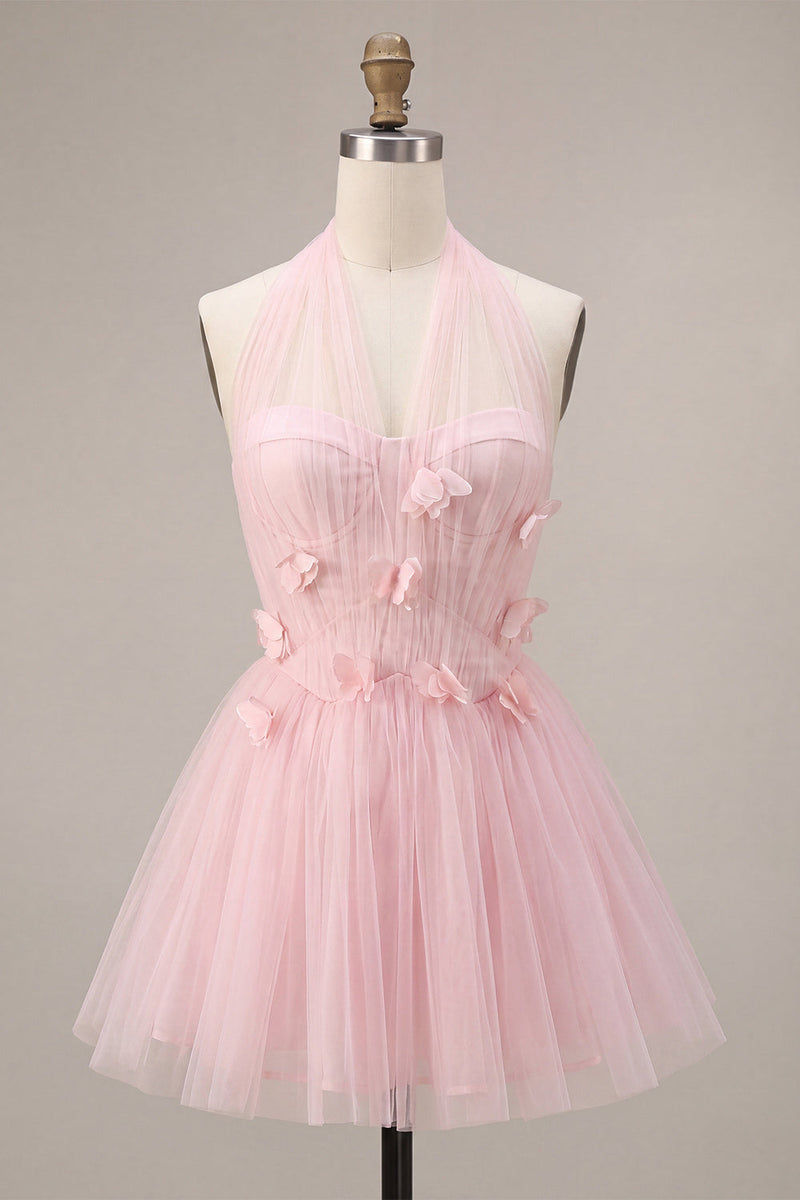 Laden Sie das Bild in den Galerie-Viewer, Rosa A-Linie Tüll-Korsett-Homecoming-Kleid mit 3D-Blumen