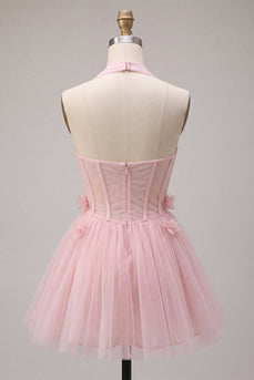 Rosa A-Linie Tüll Korsett Kurzes Abendkleid mit 3D-Blumen