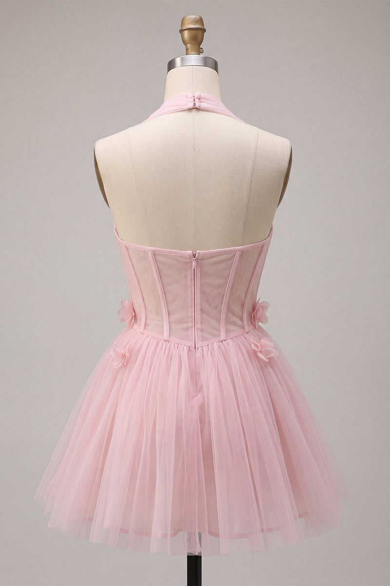 Laden Sie das Bild in den Galerie-Viewer, Rosa A-Linie Tüll-Korsett-Homecoming-Kleid mit 3D-Blumen