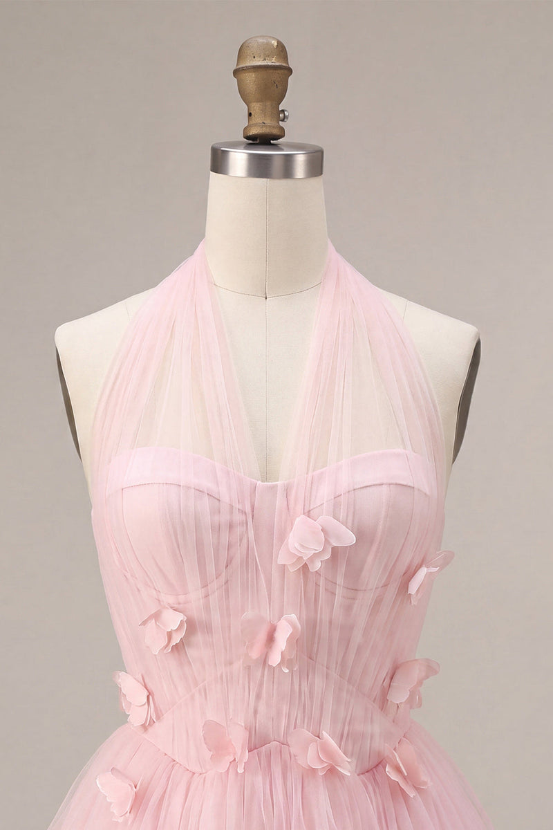 Laden Sie das Bild in den Galerie-Viewer, Rosa A-Linie Tüll-Korsett-Homecoming-Kleid mit 3D-Blumen