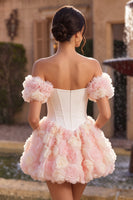 Laden Sie das Bild in den Galerie-Viewer, Weißes und pinkes A-Linien-Korsett-Floral-Homecoming-Kleid mit Korsett-Off-shoulder