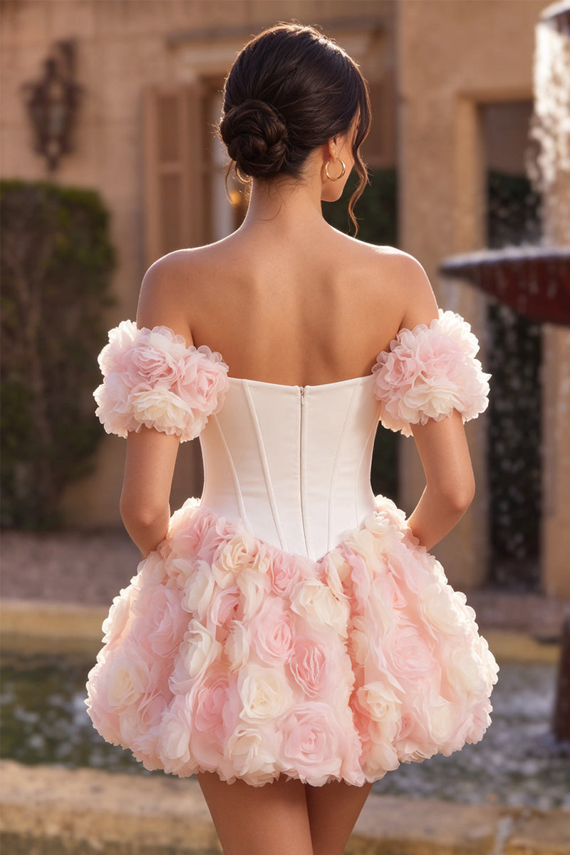 Laden Sie das Bild in den Galerie-Viewer, Weißes und pinkes A-Linien-Korsett-Floral-Homecoming-Kleid mit Korsett-Off-shoulder