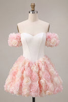 Laden Sie das Bild in den Galerie-Viewer, Weißes und pinkes A-Linien-Korsett-Floral-Homecoming-Kleid mit Korsett-Off-shoulder
