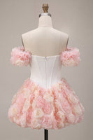 Laden Sie das Bild in den Galerie-Viewer, Weißes und pinkes A-Linien-Korsett-Floral-Homecoming-Kleid mit Korsett-Off-shoulder