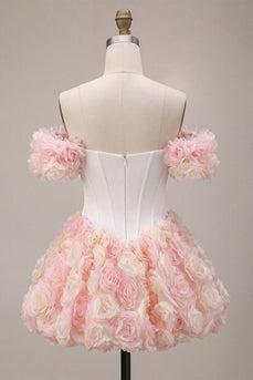 Weißes und Rosa A-Linie Korsett Floral Schulterfreies Kurzes Abendkleid
