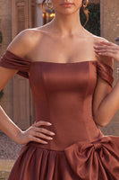 Laden Sie das Bild in den Galerie-Viewer, Desert Rose A-Linien Satin Off-the-shoulder Homecoming-Kleid mit Schleife
