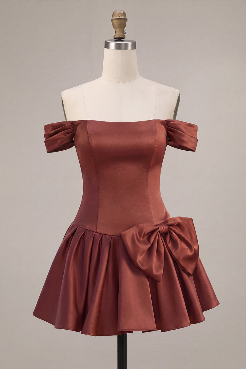 Laden Sie das Bild in den Galerie-Viewer, Desert Rose A-Linien Satin Off-the-shoulder Homecoming-Kleid mit Schleife