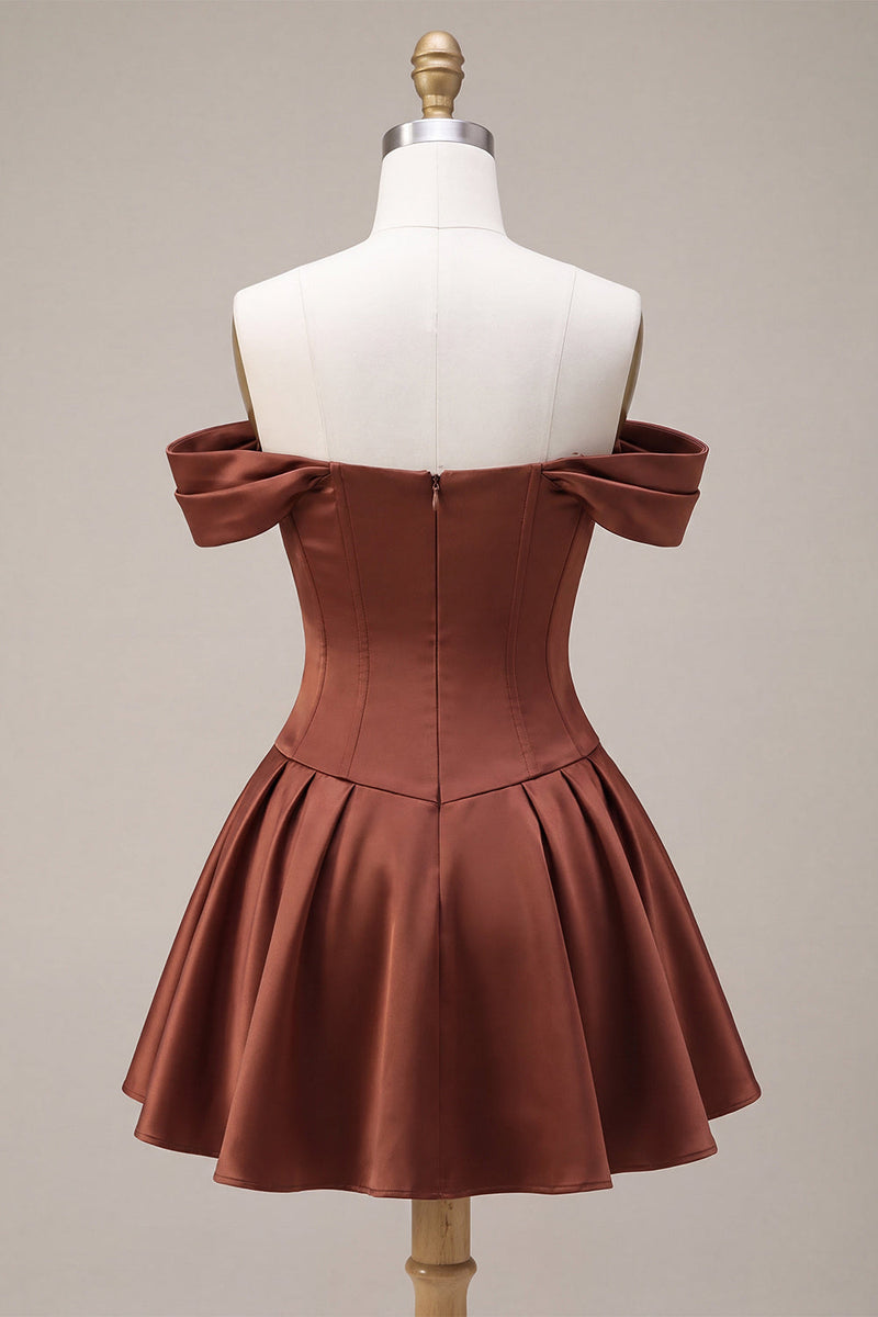 Laden Sie das Bild in den Galerie-Viewer, Desert Rose A-Linien Satin Off-the-shoulder Homecoming-Kleid mit Schleife