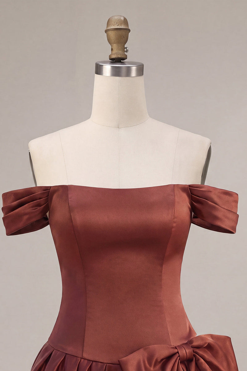 Laden Sie das Bild in den Galerie-Viewer, Desert Rose A-Linien Satin Off-the-shoulder Homecoming-Kleid mit Schleife