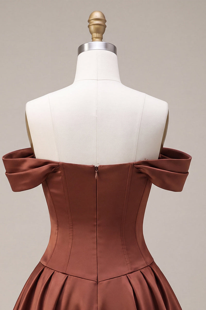 Laden Sie das Bild in den Galerie-Viewer, Desert Rose A-Linien Satin Off-the-shoulder Homecoming-Kleid mit Schleife