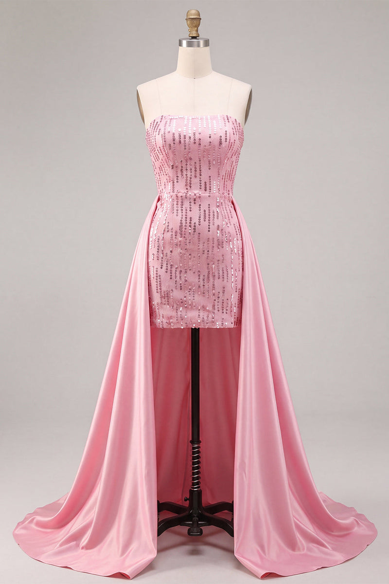 Laden Sie das Bild in den Galerie-Viewer, Trägerloses pinkes Bodycon-Pailletten-Homecoming-Kleid mit Schärpe