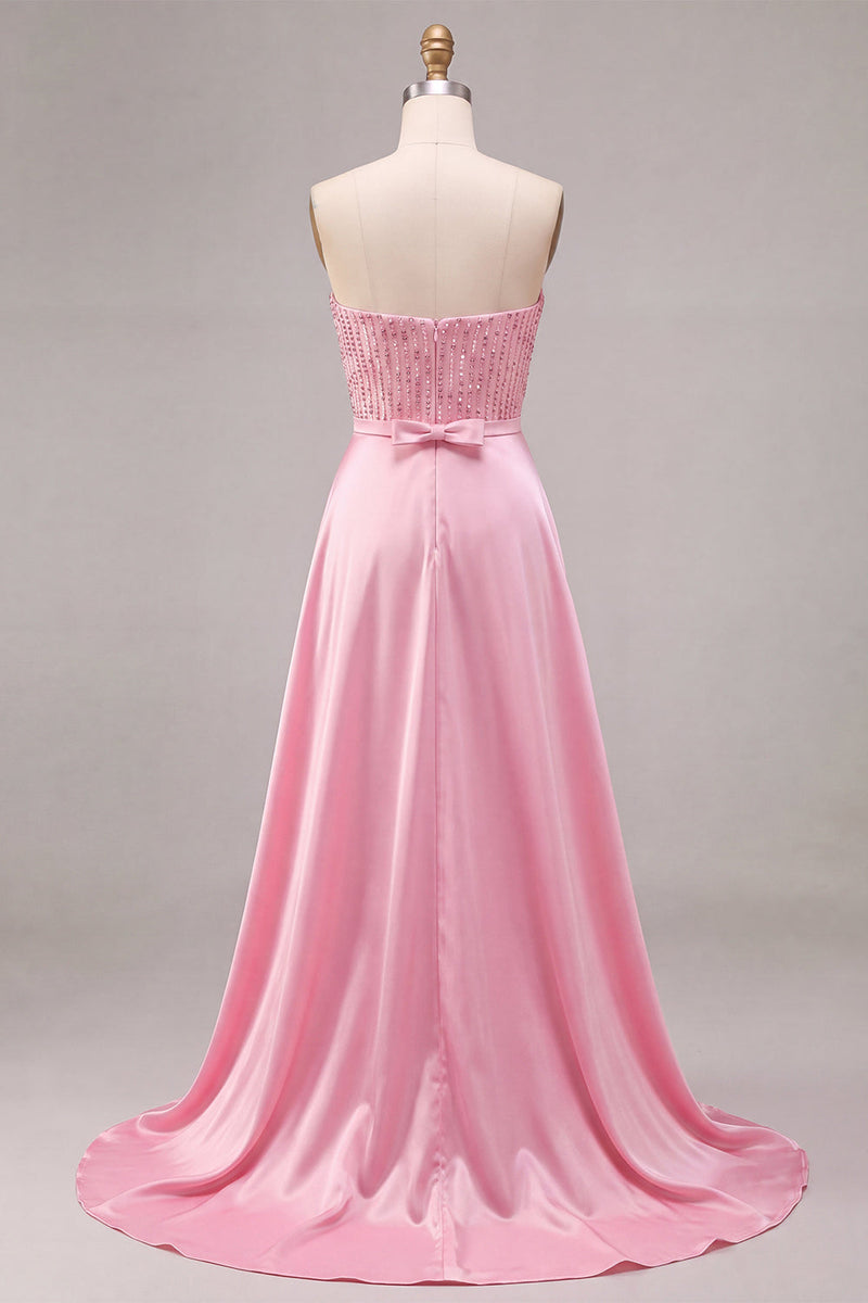 Laden Sie das Bild in den Galerie-Viewer, Trägerloses pinkes Bodycon-Pailletten-Homecoming-Kleid mit Schärpe