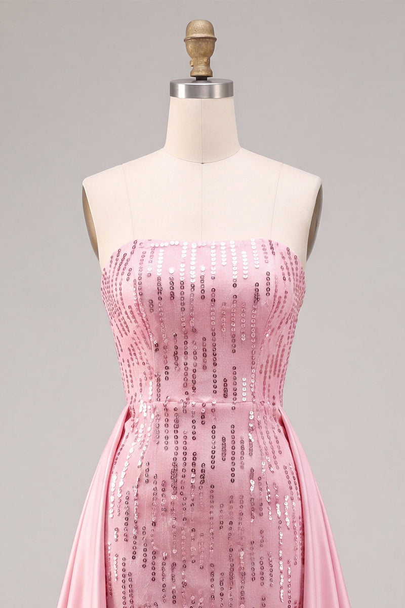 Laden Sie das Bild in den Galerie-Viewer, Trägerloses pinkes Bodycon-Pailletten-Homecoming-Kleid mit Schärpe