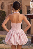 Laden Sie das Bild in den Galerie-Viewer, Neckholder-Halsausschnitt mit rosa A-Linien-Blumenkorsett, Jacquard-Perlen-Homecoming-Kleid