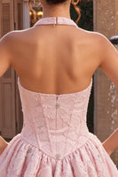 Laden Sie das Bild in den Galerie-Viewer, Neckholder-Halsausschnitt mit rosa A-Linien-Blumenkorsett, Jacquard-Perlen-Homecoming-Kleid