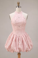 Laden Sie das Bild in den Galerie-Viewer, Neckholder-Halsausschnitt mit rosa A-Linien-Blumenkorsett, Jacquard-Perlen-Homecoming-Kleid