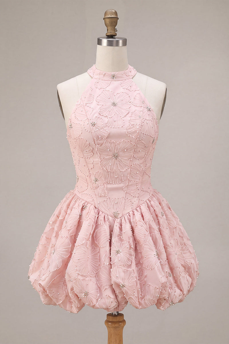 Laden Sie das Bild in den Galerie-Viewer, Neckholder-Halsausschnitt mit rosa A-Linien-Blumenkorsett, Jacquard-Perlen-Homecoming-Kleid