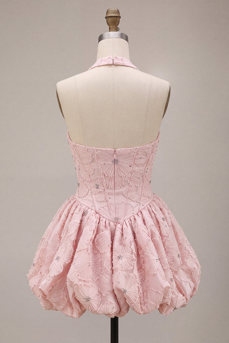 Laden Sie das Bild in den Galerie-Viewer, Neckholder-Halsausschnitt mit rosa A-Linien-Blumenkorsett, Jacquard-Perlen-Homecoming-Kleid