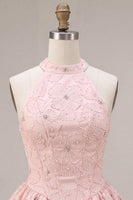 Laden Sie das Bild in den Galerie-Viewer, Neckholder-Halsausschnitt mit rosa A-Linien-Blumenkorsett, Jacquard-Perlen-Homecoming-Kleid