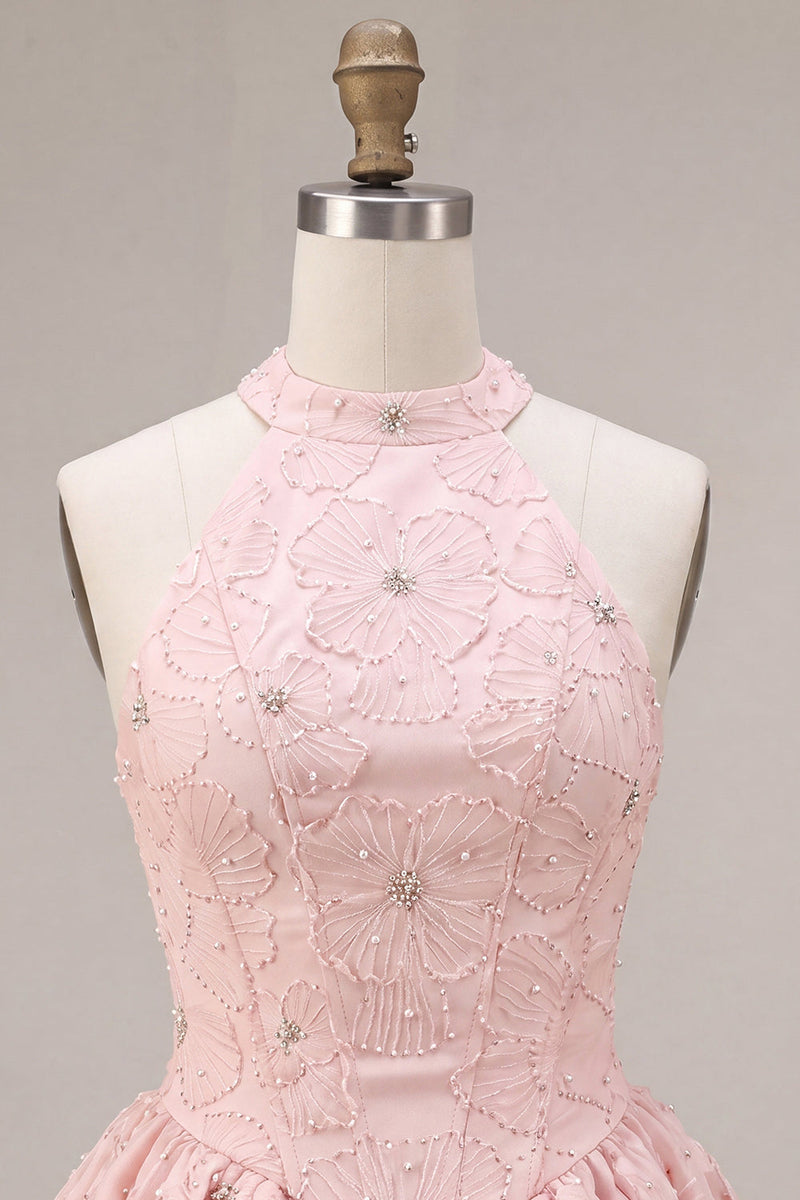 Laden Sie das Bild in den Galerie-Viewer, Neckholder-Halsausschnitt mit rosa A-Linien-Blumenkorsett, Jacquard-Perlen-Homecoming-Kleid